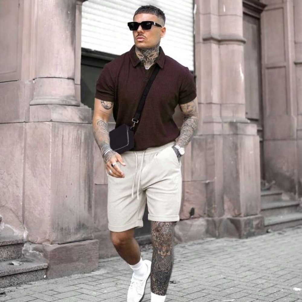 Men's 2025 Grid Fabric Casual Business Vacation Style Polo Shirt And Shorts Set